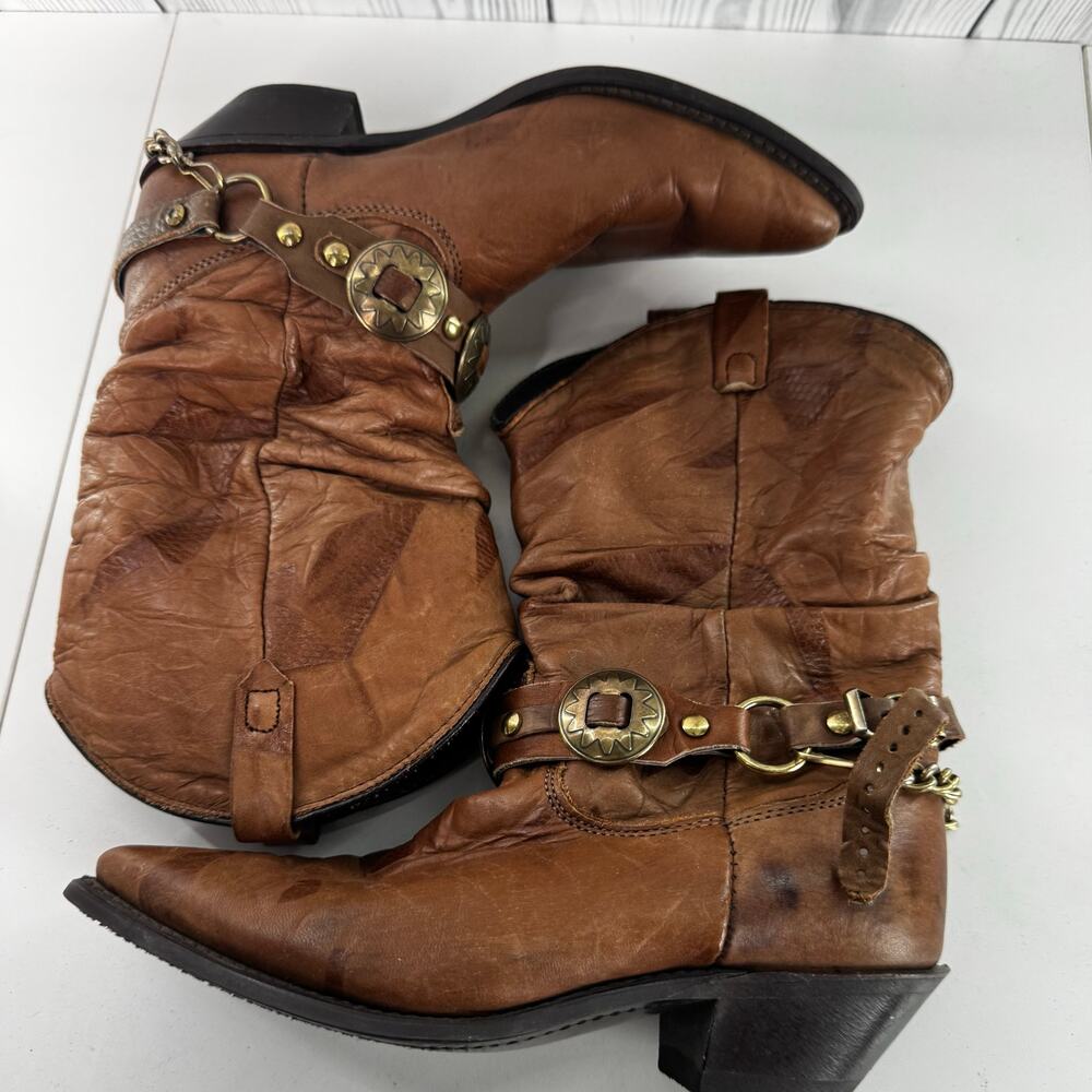 Vtg Dingo Boots Women Size 6.5 Olivia Slouch Chain Harness Concho Brown Leather - Picture 4 of 9